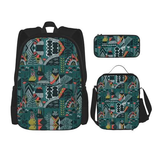 Migpkd Schultasche mit skandinavischen Tieren, Federmäppchen, Lunch-Tasche, Kombinationsrucksack für Kinder, Schule, Büchertasche von Migpkd