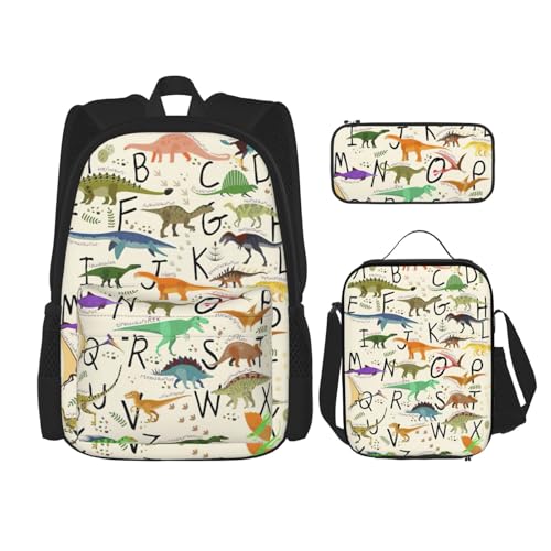 Migpkd Stilvolle Lernalphabete mit Dinosauriern, Schultasche, Federmäppchen, Lunch-Tasche, Kombinationsrucksack für Kinder, Schule, Büchertasche von Migpkd