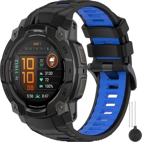 Miimall 22mm Band Kompatibel mit Garmin Instinct 3 Solar/Solar Tactical Edition Armband 45MM, Leichte Silikon Ersatzarmbänd für Garmin Instinct 3 AMOLED Armbänd 45MM für Damen und Herren, Schwarz+Blau von Miimall