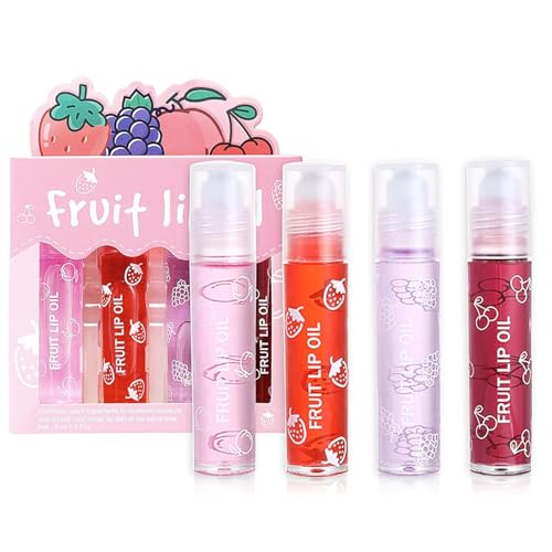 Glitzer-Lipgloss Aufrollen, 4 Stück Roll On Glitter Lip Gloss, 4Pcs Lip Gloss Obst Geschmack, Transparenter Lippenverstärker, Feuchtigkeitsspendende Lippenstifte von Miioto