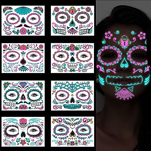 Halloween Aufkleber Gesicht, Halloween Gesicht Tattoos UV Sticker, Tag der Toten Totenkopf Floral Sticker, Neon Tattoos Für Halloween Make up/Horror-Partys, 8 Blätter (B) von Miioto