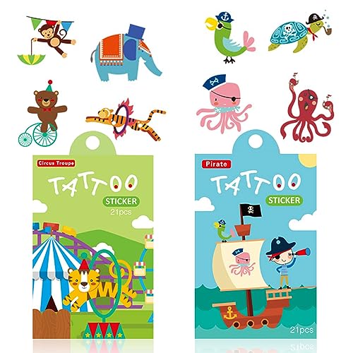 TemporäRe Tattoos Kinder, Kinder Tatoos Set, Sticker Kinder, Geburtstagspartyzubehör für Kinder und Erwachsene, Geburtstagsgeschenke für Jungen und MäDchen (Zirkus + Piraten) von Miioto