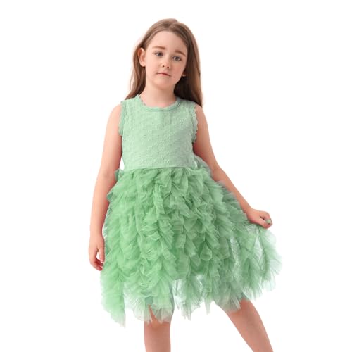 Miipat Baby Girls Kleid Tüll Ärmellose Kleinkind Mädchen Prinzessin Kleider Rüschen Tutu Stickerei Festliches Geburtstags Blumenmädchenkleider Dillgrün 100 2-3 Jahre von Miipat