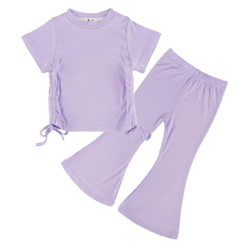 Miipat Baby Mädchen Bekleidungssets Kurzarm Top mit Hose Set 2 teilig Kleinkind Mädchen Sommer Kleidung Weiche Freizeitoutfits für Mädchen Lila 130 5-6 Jahre von Miipat
