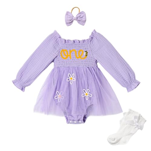Miipat Baby Mädchen Kleid 1Jahre Geburtstag Kleidung Kleider Tüll Strampler Langarm Bodysuit Foto Shooting Requisiten Set Kuchen Smash Outfits Bowknot Stirnband und Socken 12-18 Monate von Miipat