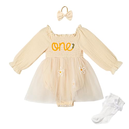 Miipat Baby Mädchen Kleid 1Jahre Geburtstag Kleidung Kleider Tüll Strampler Langarm Bodysuit Foto Shooting Requisiten Set Kuchen Smash Outfits Bowknot Stirnband und Socken 9-12 Monate von Miipat