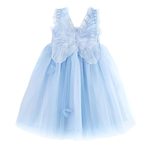 Miipat Baby Mädchen Kleid Ärmellos Schmetterling Prinzessin Tüllkleid Kleinkind Mädchen Blumenmädchenkleider Hochzeit Geburtstag Partykleid Hellblau 110 3-4 Jahre von Miipat