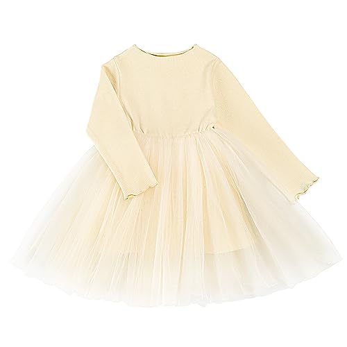 Miipat Baby Mädchen Kleid Langarm Tüll Mädchen Prinzessin Kleid Herbst Winter Kleinkind Strick Gerippte Pullover Kleider Beige 100 18-24M von Miipat