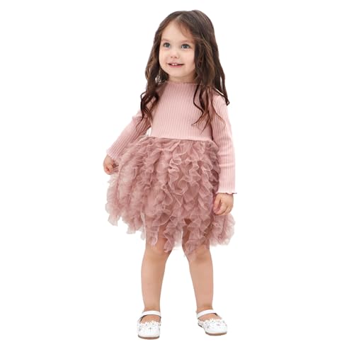 Miipat Baby Mädchen Kleid Langarm Tüll Mädchen Prinzessin Kleid Herbst Winter Kleinkind Strick Gerippte Pullover Kleider Rosa 100 18-24M von Miipat