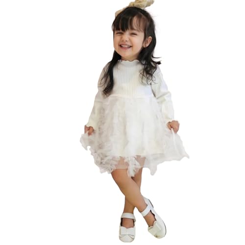 Miipat Baby Mädchen Kleid Langarm Tüll Mädchen Prinzessin Kleid Herbst Winter Kleinkind Strick Gerippte Pullover Kleider Weiß 90 12-18M von Miipat