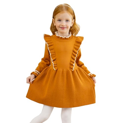 Miipat Baby Mädchen Kleid Langarm Rundhals Kleinkind Pullover Kleider Herbst Winter Babybekleidung Strick Rüschen Pullover Outfits (Braun 100 2-3 Jahre) von Miipat