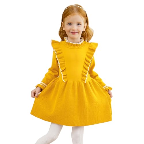 Miipat Baby Mädchen Kleid Langarm Rundhals Kleinkind Pullover Kleider Herbst Winter Babybekleidung Strick Rüschen Pullover Outfits (Gelb 100 2-3 Jahre) von Miipat