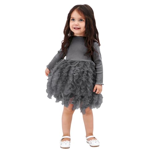 Miipat Baby Mädchen Kleid Langarm Tüll Mädchen Prinzessin Kleid Herbst Winter Kleinkind Strick Gerippte Pullover Kleider Dunkel Grau 73 3-6M von Miipat