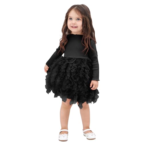 Miipat Baby Mädchen Kleid Langarm Tüll Mädchen Prinzessin Kleid Herbst Winter Kleinkind Strick Gerippte Pullover Kleider Schwarz 90 12-18M von Miipat