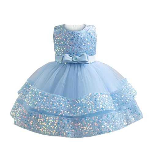 Miipat Baby Mädchen Kleid Prinzessin Tüll Pailletten Partykleid Ärmellos Tutu Blumenmädchenkleider für Geburtstag Hochzeit Blau 120 4-5 Jahre von Miipat