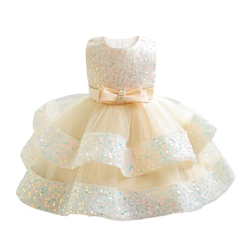 Miipat Baby Mädchen Kleid Prinzessin Tüll Pailletten Partykleid Ärmellos Tutu Blumenmädchenkleider für Geburtstag Hochzeit Champagner 100 2-3 Jahre von Miipat