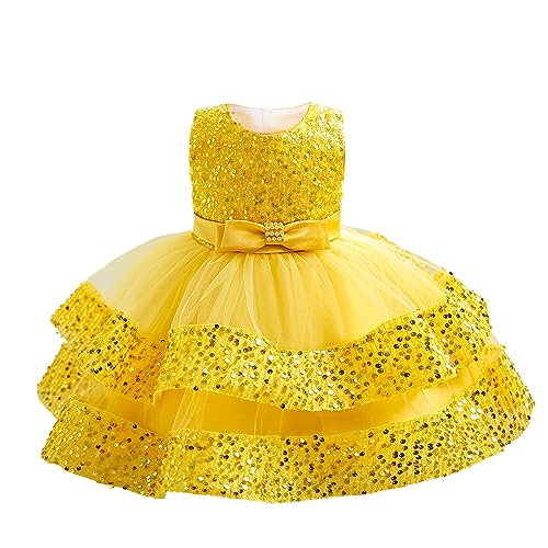 Miipat Baby Mädchen Kleid Prinzessin Tüll Pailletten Partykleid Ärmellos Tutu Blumenmädchenkleider für Geburtstag Hochzeit Gelb 100 2-3 Jahre von Miipat