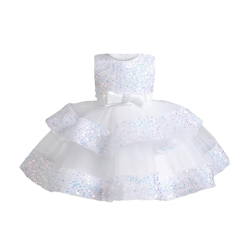 Miipat Baby Mädchen Kleid Prinzessin Tüll Pailletten Partykleid Ärmellos Tutu Blumenmädchenkleider für Geburtstag Hochzeit Weiß 110 3-4 Jahre von Miipat