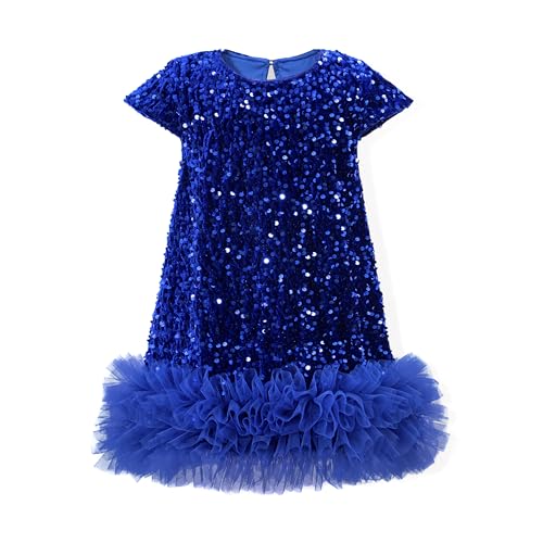Miipat Baby Mädchen Kleid Samt Pailletten Kappe Ärmel Kleinkind Mädchen Kleider Herbst Winter Elegante Prinzessin Kinder Kleid für Geburtstagsfeier Hochzeit(Blau 130 5-6 Jahre) von Miipat