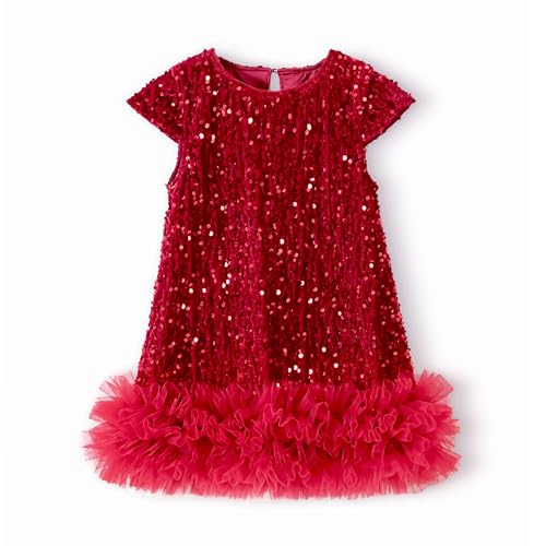 Miipat Baby Mädchen Kleid Samt Pailletten Kappe Ärmel Kleinkind Mädchen Kleider Herbst Winter Elegante Prinzessin Kinder Kleid für Geburtstagsfeier Hochzeit(Rot 100 2-3 Jahre) von Miipat