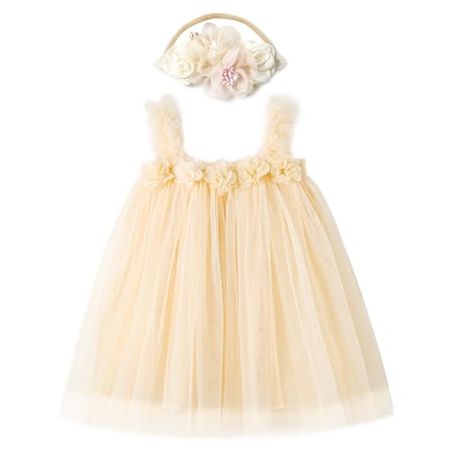 Miipat Baby Mädchen Kleid Tüll Kleinkind Mädchen Tutu Prinzessin Kleider mit Blumestirnband für Hochzeit Party Geburtstags Festliches Foto Shoot Kinder Kleidung Beige 110 3-4 Jahre von Miipat
