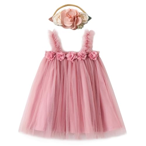 Miipat Baby Mädchen Kleid Tüll Kleinkind Mädchen Tutu Prinzessin Kleider mit Blumestirnband für Hochzeit Party Geburtstags Festliches Foto Shoot Kinder Kleidung Dunkelrosa 90 18-24 Monate von Miipat