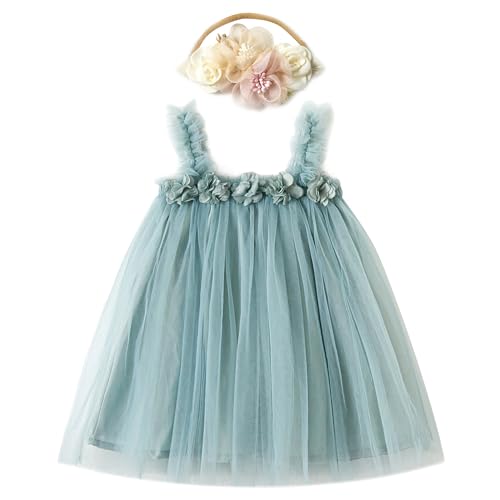 Miipat Baby Mädchen Kleid Tüll Kleinkind Mädchen Tutu Prinzessin Kleider mit Blumestirnband für Hochzeit Party Geburtstags Festliches Foto Shoot Kinder Kleidung Hellblau 80 12-18 Monate von Miipat