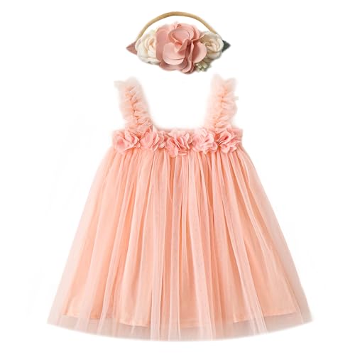 Miipat Baby Mädchen Kleid Tüll Kleinkind Mädchen Tutu Prinzessin Kleider mit Blumestirnband für Hochzeit Party Geburtstags Festliches Foto Shoot Kinder Kleidung Hellrosa 90 18-24 Monate von Miipat