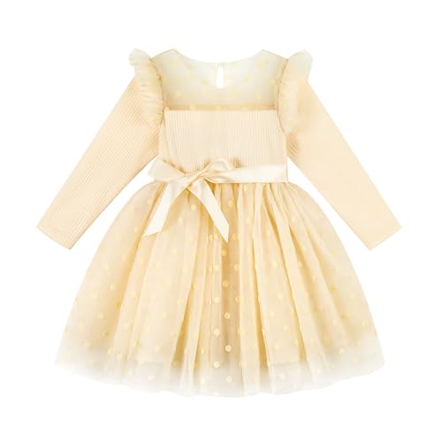 Miipat Mädchen Kleid Tüll Lange Ärmel Kleinkind Mädchen Kleider Kinder Prinzessin Gepunkteter Rock für Party Geburtstag Hochzeit Festlich (Beige 110 4-5 Jahres) von Miipat
