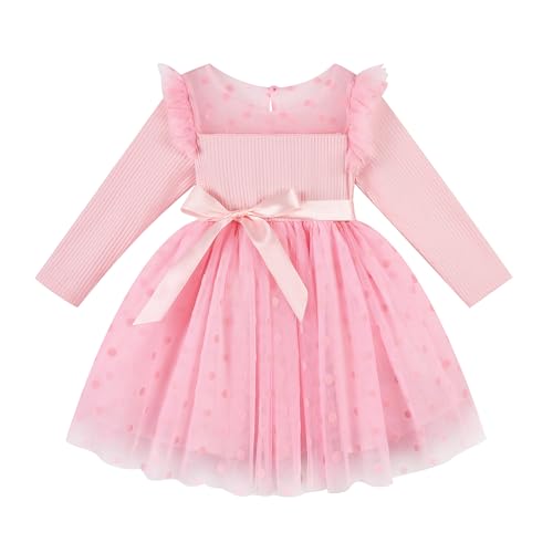Miipat Mädchen Kleid Tüll Lange Ärmel Kleinkind Mädchen Kleider Kinder Prinzessin Gepunkteter Rock für Party Geburtstag Hochzeit Festlich (Rosa 90 2-3 Jahres) von Miipat