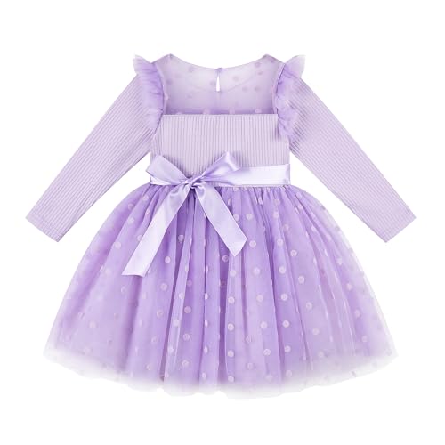 Miipat Mädchen Kleid Tüll Lange Ärmel Kleinkind Mädchen Kleider Kinder Prinzessin Gepunkteter Rock für Party Geburtstag Hochzeit Festlich (Violett 110 4-5 Jahres) von Miipat