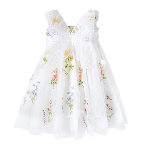 Miipat Baby Mädchen Kleid Tüll Schmetterling Kleinkind Mädchen Kleider Sommer Ärmelloses Stickerei Blumen Prinzessin Kleid für Geburtstags Hochzeit Party(Weiß 110 3-4 Jahre von Miipat
