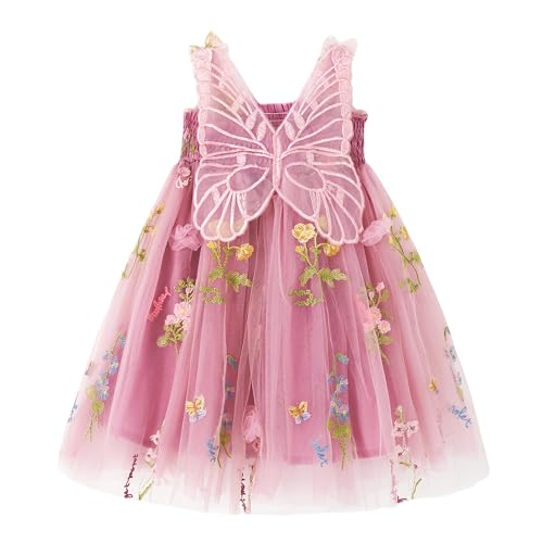 Miipat Baby Mädchen Kleid Tüll Schmetterling Kleinkind Mädchen Prinzessin Kleider Ärmelloses Stickerei Blumen Hochzeit Party Geburtstags Kleid für Mädchen(Dunkelrosa 110 3-4 Jahre von Miipat