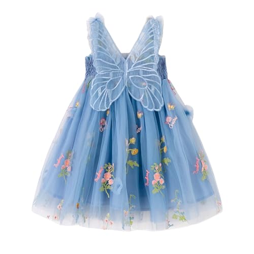 Miipat Baby Mädchen Kleid Tüll Schmetterling Kleinkind Mädchen Prinzessin Kleider Ärmelloses Stickerei Blumen Hochzeit Party Geburtstags Kleid für Mädchen(Nebelblau 120 4-5 Jahre von Miipat