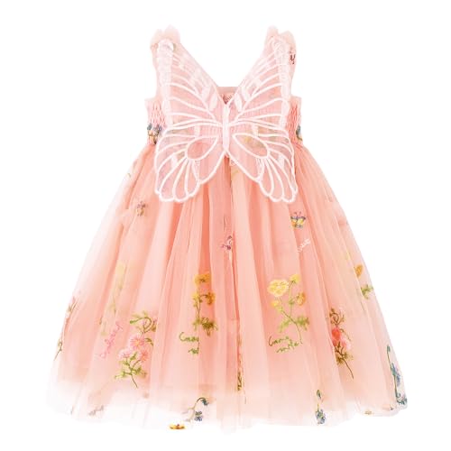 Miipat Baby Mädchen Kleid Tüll Schmetterling Kleinkind Mädchen Prinzessin Kleider Ärmelloses Stickerei Blumen Hochzeit Party Geburtstags Kleid für Mädchen(Orangenrosa 130 5-6 Jahre von Miipat