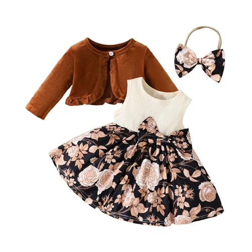 Miipat Baby Mädchen Kleid mit Cardigan Kleidung Set Kleinkind Mädchen Herbst Winter 2pcs Outfits Set Ärmelloses Kleid und Langärmeliger Mantel(Dunkelbraun 6-9 Monate) von Miipat