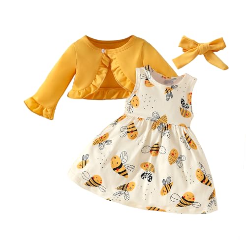 Miipat Baby Mädchen Kleid mit Cardigan Kleidung Set Kleinkind Mädchen Herbst Winter 2pcs Outfits Set Ärmelloses Kleid und Langärmeliger Mantel(Gelb 12-18 Monate) von Miipat