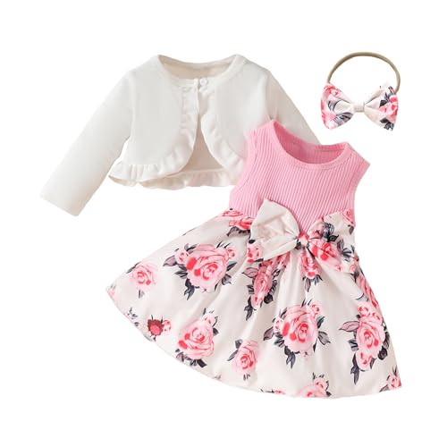 Miipat Baby Mädchen Kleid mit Cardigan Kleidung Set Kleinkind Mädchen Herbst Winter 2pcs Outfits Set Ärmelloses Kleid und Langärmeliger Mantel(Rosa 9-12 Monate) von Miipat