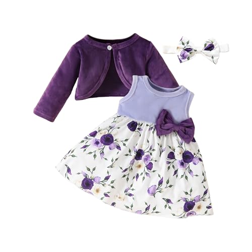 Miipat Baby Mädchen Kleid mit Cardigan Kleidung Set Kleinkind Mädchen Herbst Winter 2pcs Outfits Set Ärmelloses Kleid und Langärmeliger Mantel(Violett 12-18 Monate) von Miipat