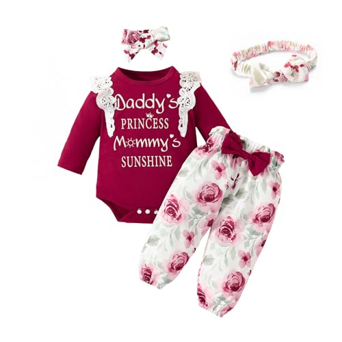 Miipat Baby Mädchen Kleidung Set Neugeborenes Langarm Spitze Strampler Top mit Floral Hose Herbst Outfit und Stirnband Wine 9-12 Monate von Miipat