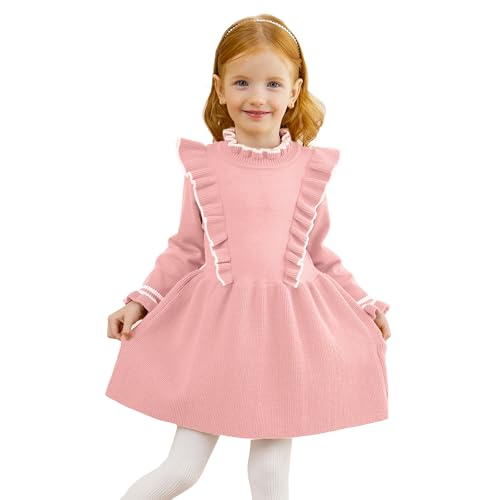 Miipat Baby Mädchen Kleid Langarm Rundhals Kleinkind Pullover Kleider Herbst Winter Babybekleidung Strick Rüschen Pullover Outfits (Rosa 90 18-24 Monate) von Miipat