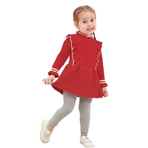 Miipat Baby Mädchen Pullover Kleid Herbst Kleinkind Langarm Rundhals Strick Casual Süß Pullover Rock Rot 110 3-4 Jahre von Miipat