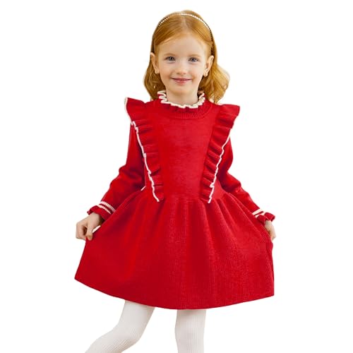 Miipat Baby Mädchen Kleid Langarm Rundhals Kleinkind Pullover Kleider Herbst Winter Babybekleidung Strick Rüschen Pullover Outfits (Rot 90 18-24 Monate) von Miipat