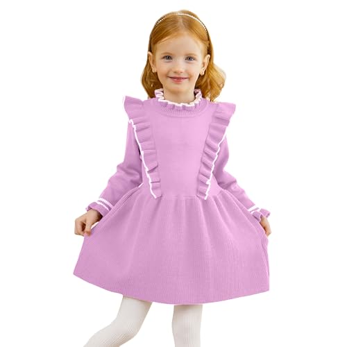 Miipat Baby Mädchen Kleid Langarm Rundhals Kleinkind Pullover Kleider Herbst Winter Babybekleidung Strick Rüschen Pullover Outfits (Violett 90 18-24 Monate) von Miipat