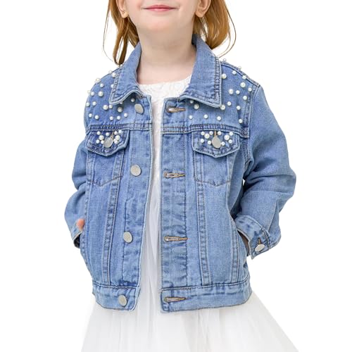 Miipat Jeansjacke Mädchen Mode Kleinkind Jeans Jacke Perle Dekorieren Jeansmantel Kinder Denim Jacken für Mädchen 100 3-4 Jahre von Miipat