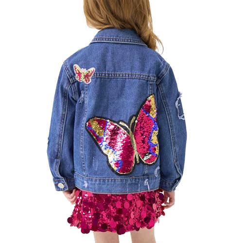 Miipat Mädchen Jacken Mode Langarm Knopfleiste Kinder Schmetterling Pailletten Jeansjack Kleinkind Mädchen Patch Jeansmantel Lässig Jacke Tops 110 4-5 Jahre von Miipat