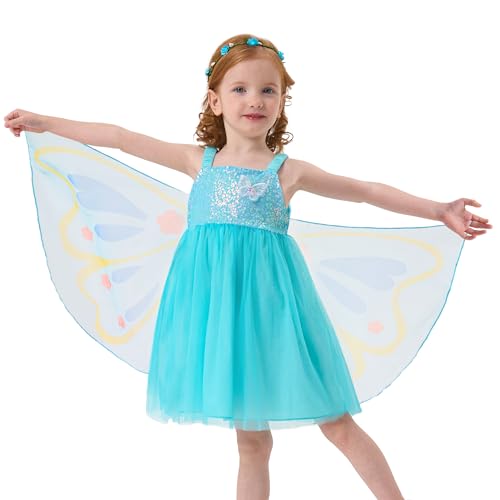 Miipat Kleinkind Mädchen Kleid Tüll Schmetterling Pailletten Baby Mädchen Kleider Ärmellose Spaghetti Gurte Rücklos Prinzessin Kleid für Geburtstagsfeier Fotoshooting （Blau 120 5-6 Jahre） von Miipat