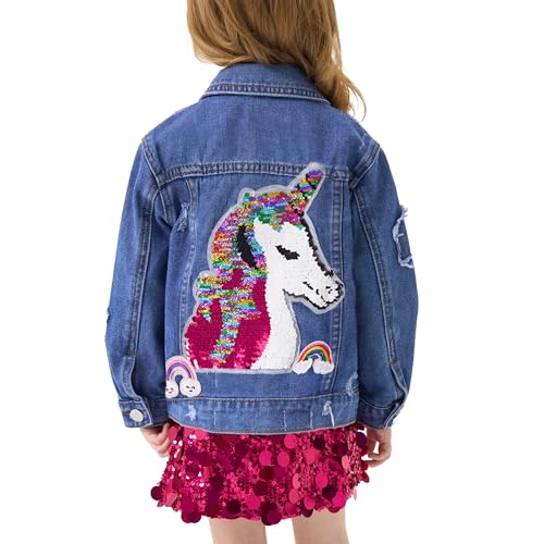 Miipat Mädchen Jacken Mode Langarm Knopfleiste Kinder Pailletten Jeansjack Kleinkind Mädchen Patch Jeansmantel Lässig Jacke Tops 130 7-8 Jahre von Miipat