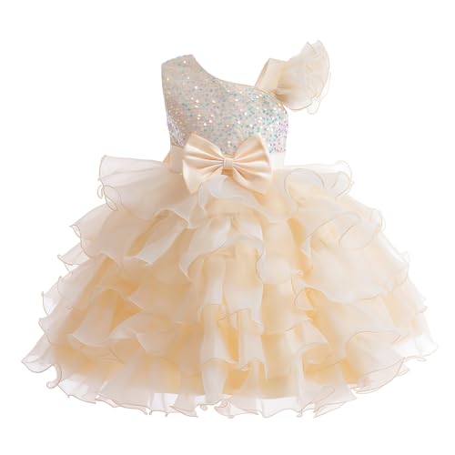 Miipat Mädchen Kleid One Shoulder Pailletten Prinzessin Ärmellos Hochzeit Kleid Tutu Rüschen Kinder Kleider Party Geburtstag Champagne 110 4-5 Jahre von Miipat