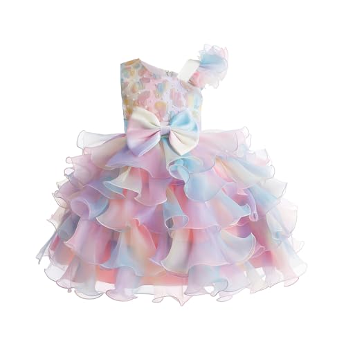 Miipat Mädchen Kleid One Shoulder Pailletten Prinzessin Ärmellos Hochzeit Kleid Tutu Rüschen Kinder Kleider Party Geburtstag Rainbow 110 4-5 Jahre von Miipat